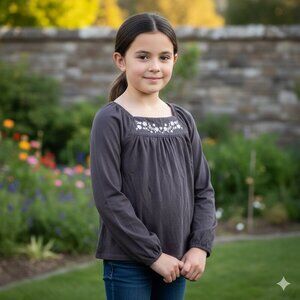 OshKosh B'Gosh Girl's Size 10 Gray Floral Embroidered Bohemian Long Sleeve Top